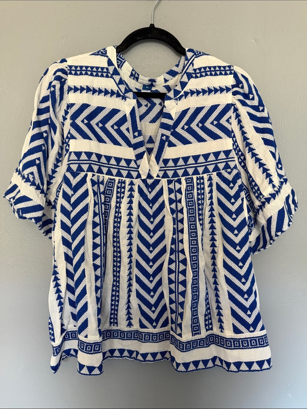 Old Navy Blue & White Coastal Geometric Aztec Babydoll Boho Peasant Blouse XL